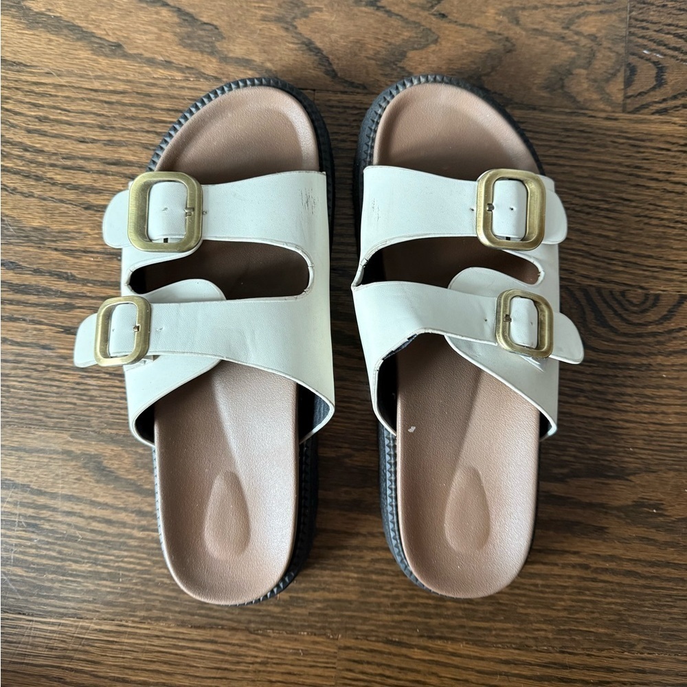 Women's White Birkenstock Style Sandals with Gold Buckles